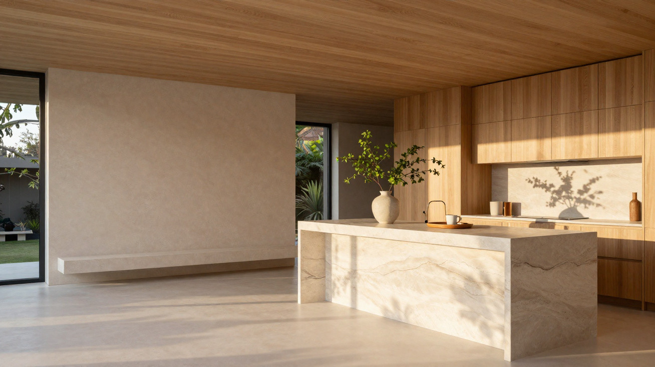 Minimalist kitchen with wooden cabinets, a marble island, and a vase with greenery, lit by natural sunlight.
