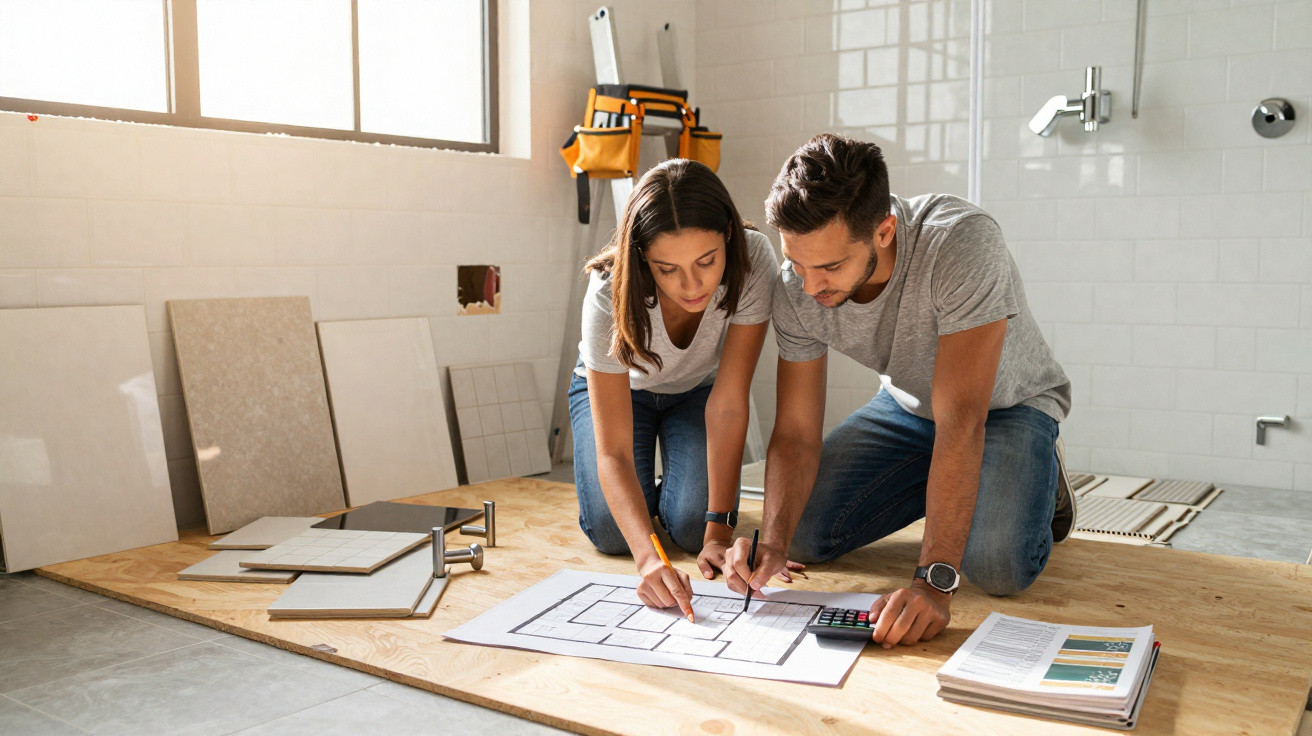 Couple kneeling on wooden floor reviewing home renovation plans with tiles and tools around them.
