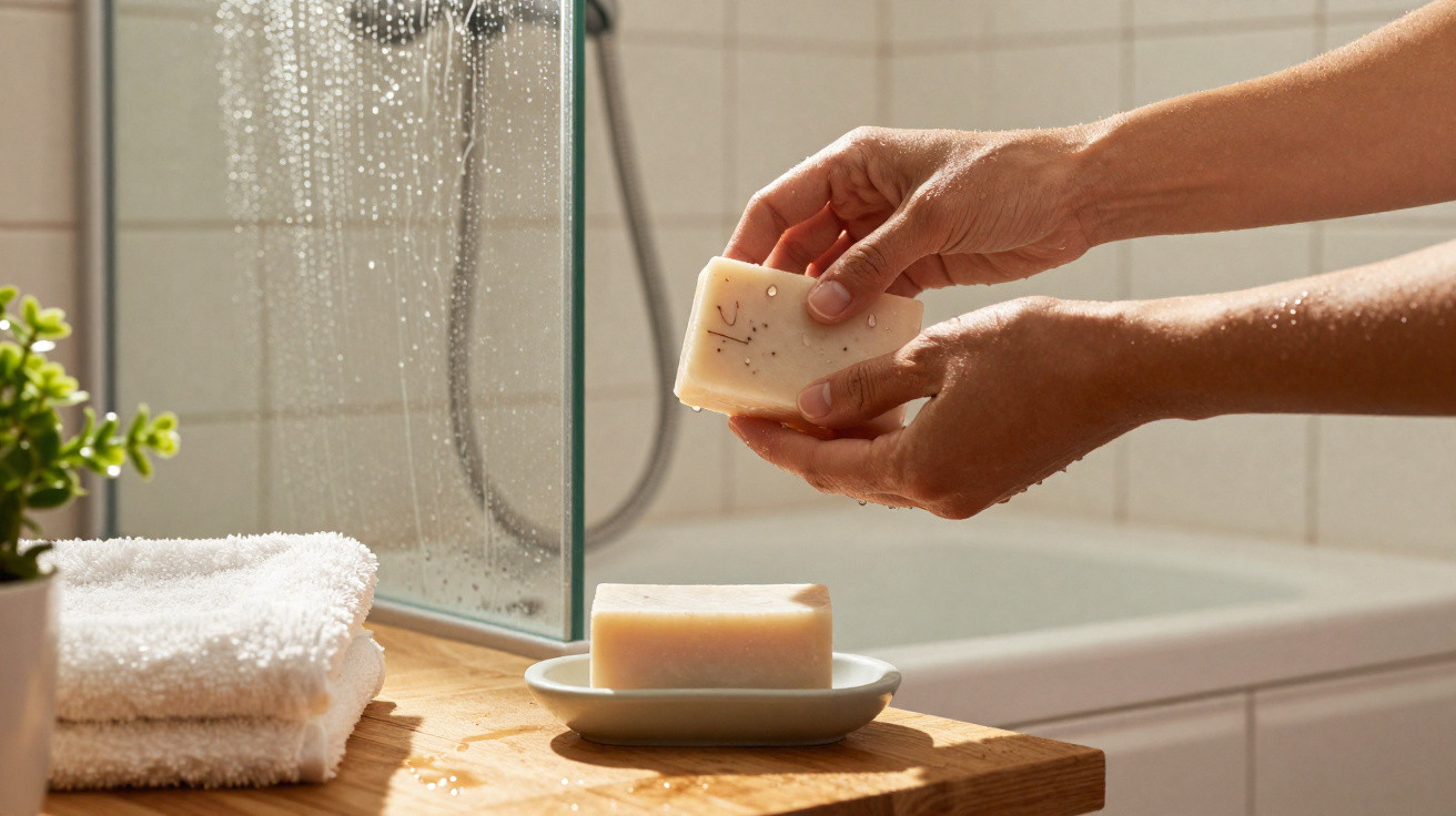 Hands holding a bar of soap over a wooden surface with another bar on a dish in a bathroom setting