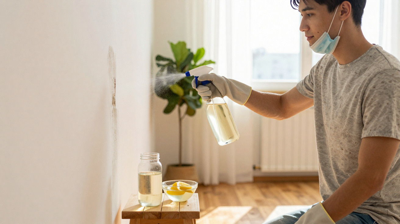 Young man spraying cleaning solution on a wall stain in a sunlit room with plants and wooden floor.