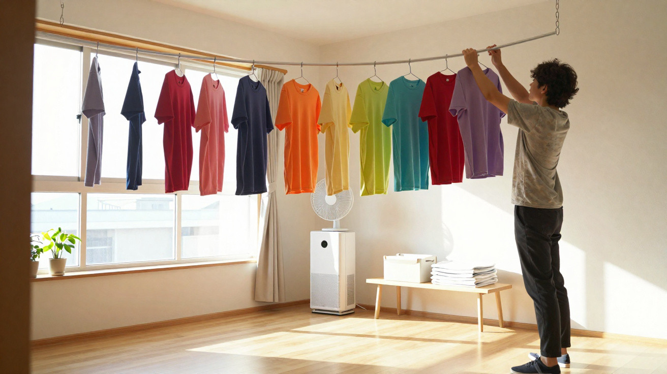 Person hanging colourful t-shirts on an indoor drying rack in a bright room with wooden floors.
