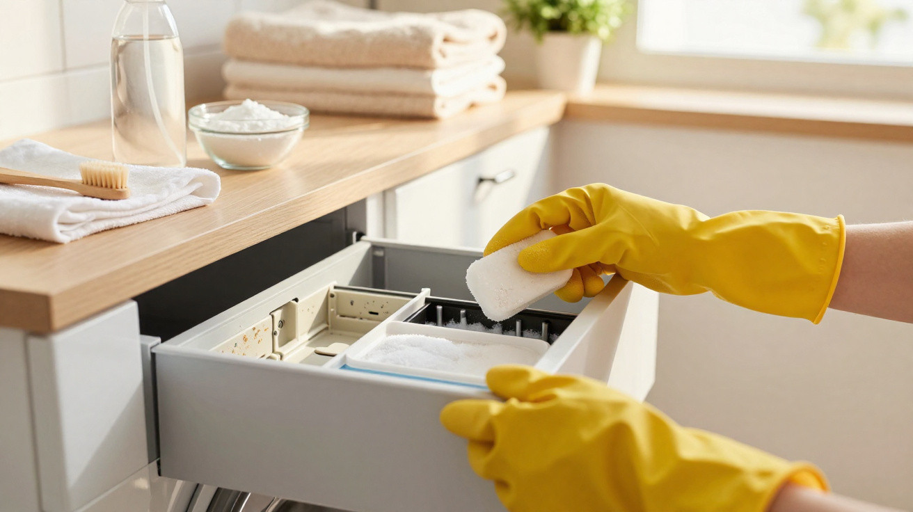 Person wearing yellow gloves cleaning a dishwasher filter with a sponge in a bright kitchen.