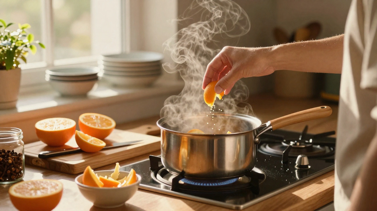 Hand squeezing orange peel into steaming pot on stove in bright kitchen with citrus fruit.