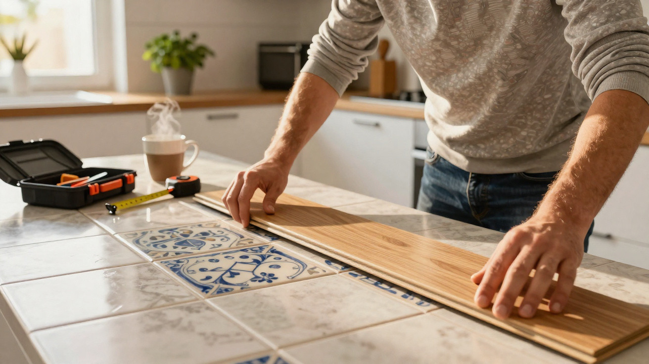 Person installing wooden floorboards over patterned ceramic tiles on a kitchen worktop.