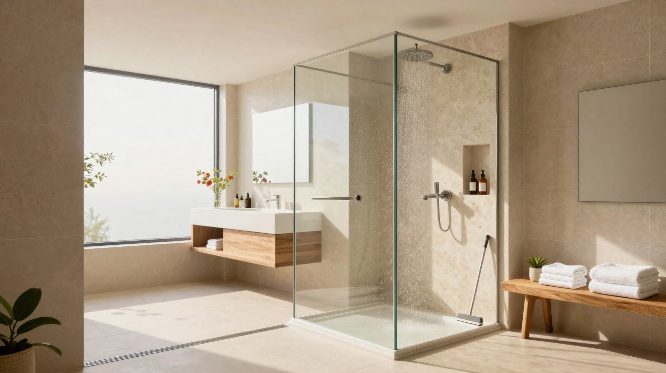 Bright modern bathroom with glass shower enclosure, wooden bench with towels, and floating vanity near large window.