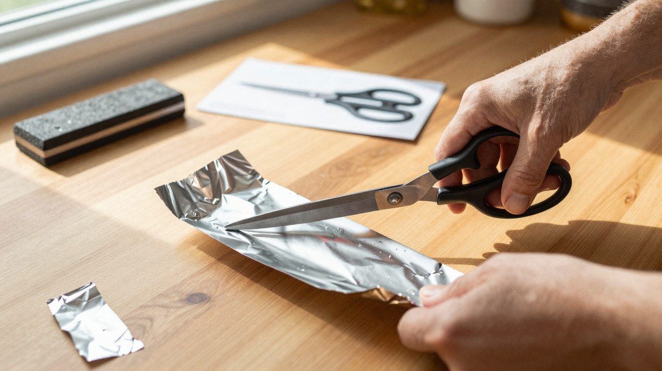 Hands cutting a sheet of aluminium foil with scissors on a wooden table near a window.