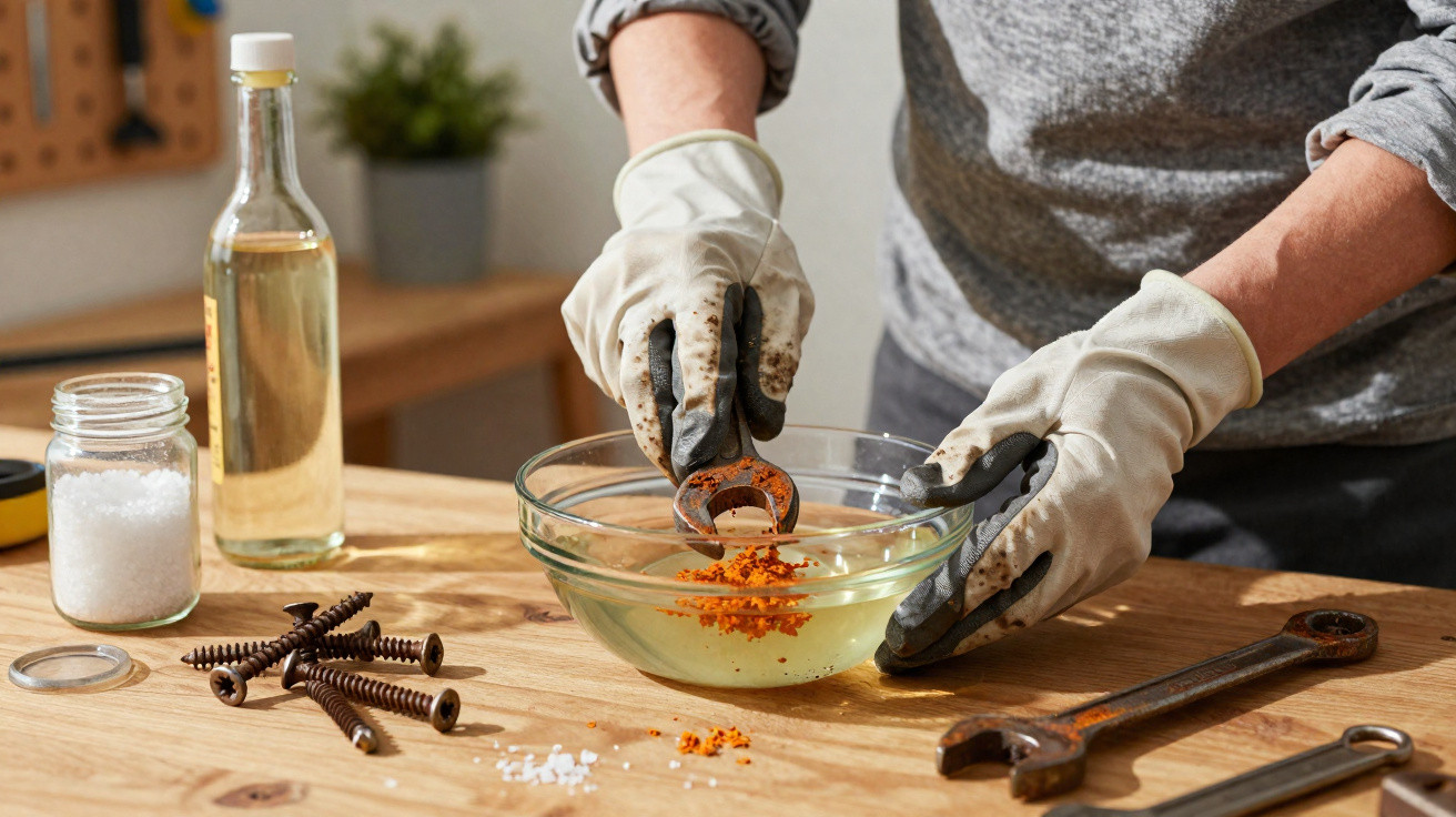 Person wearing gloves adding rust powder from a metal nut into a glass bowl of liquid on a wooden table.