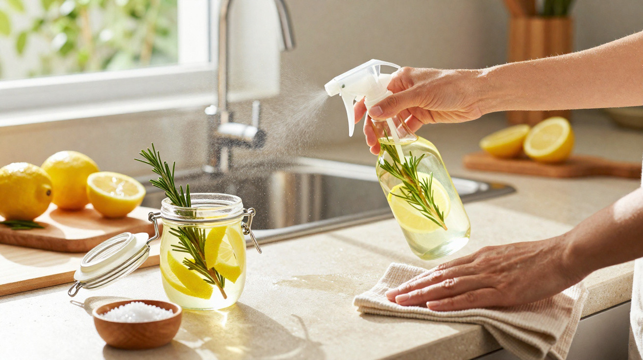 Person spraying a lemon and rosemary-scented cleaner on a kitchen countertop with lemons nearby.