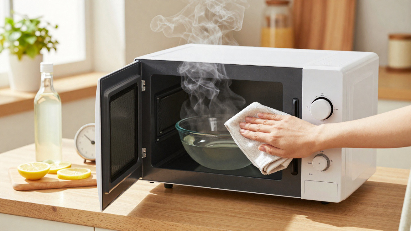 Hand cleaning the inside of an open microwave with steam and a cloth on a wooden kitchen counter.