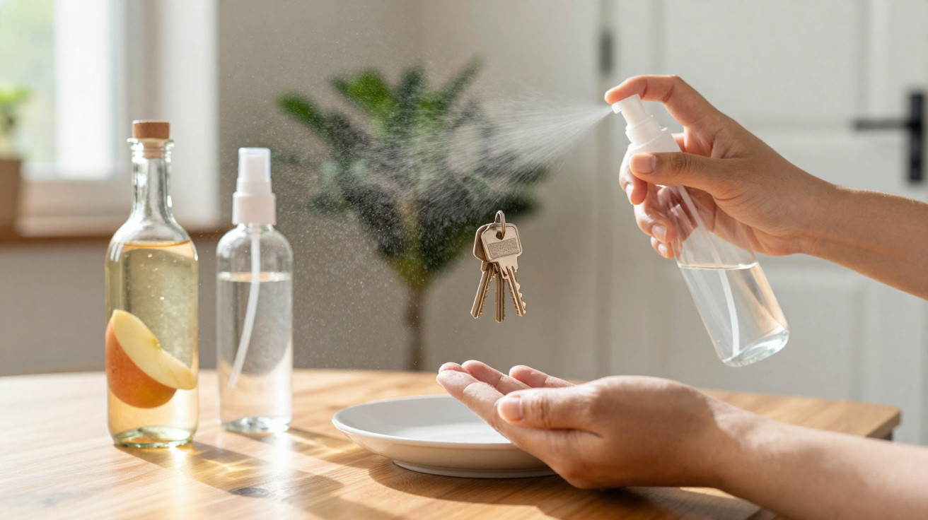Hands spraying disinfectant on house keys over a white plate on a wooden table in natural light.