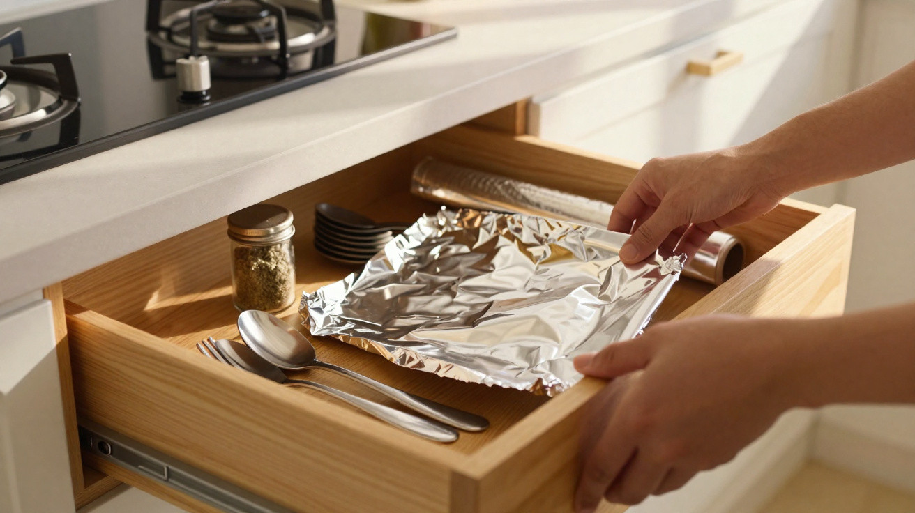 Hands placing aluminium foil in a wooden kitchen drawer with spoons, forks, herbs, and cling film roll.