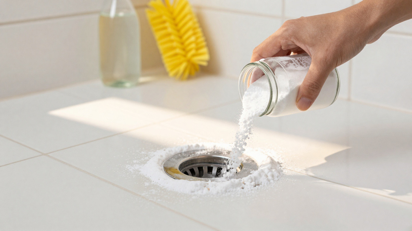 Hand pouring white powder cleaner into a kitchen sink drain on white tiled surface
