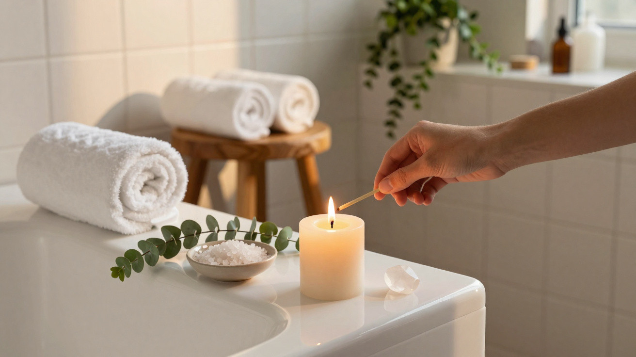 Hand lighting a candle beside bath salts, eucalyptus, and rolled towels in a cosy bathroom setting.