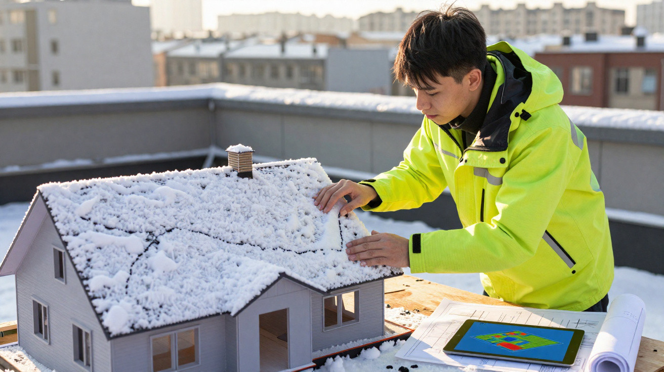 Man in fluorescent jacket working on a snow-covered architectural model of a house on a rooftop.