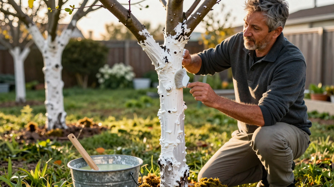 Man applying white tree paint to fruit tree trunks in a garden during golden hour sunlight