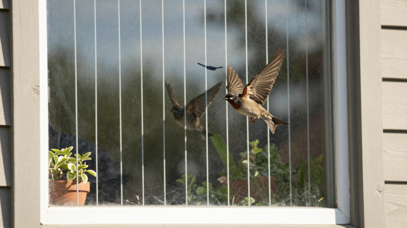 Small brown bird in mid-flight near a window with potted plants inside and vertical blinds.