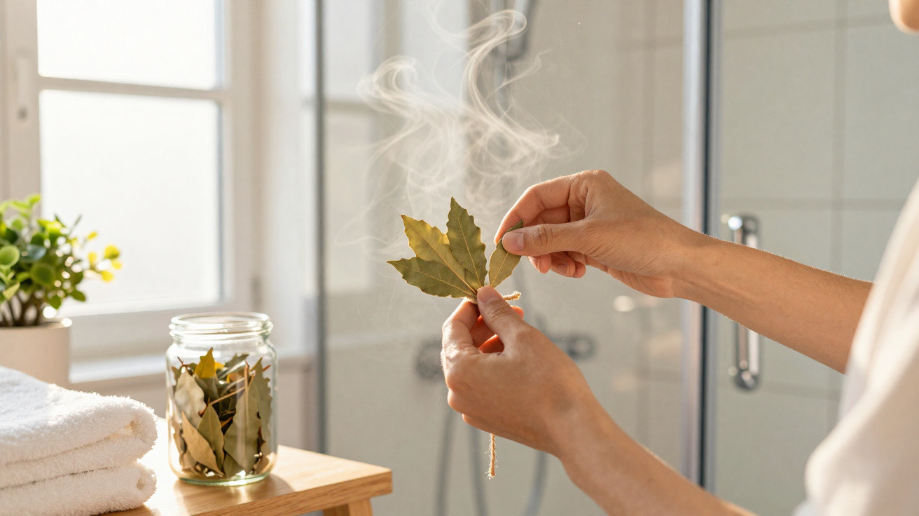 Hands holding steaming bay leaves tied with string beside a jar of bay leaves on a wooden stool near a window