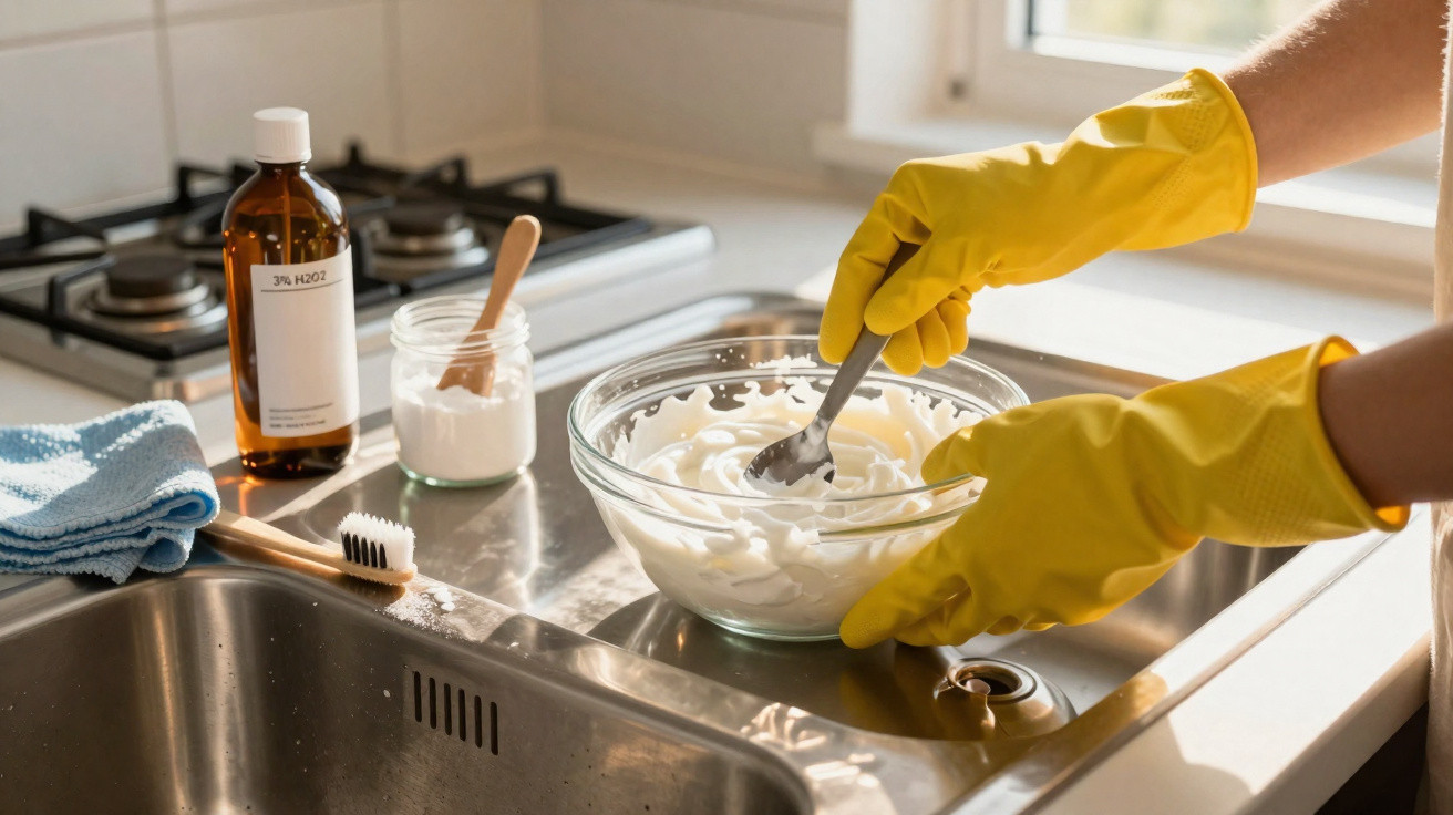 Person wearing yellow gloves stirring a white mixture in a glass bowl on a kitchen sink counter.