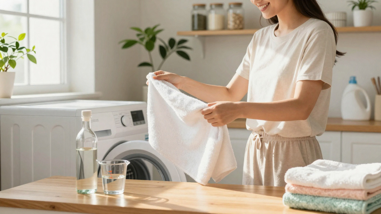Woman folding a white towel in a bright laundry room with washing machine and folded towels on wooden counter.