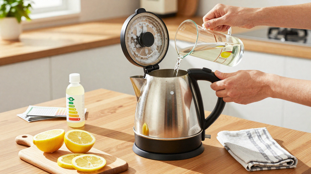 Hands pouring water from a measuring jug into a stainless steel electric kettle on a wooden kitchen counter.