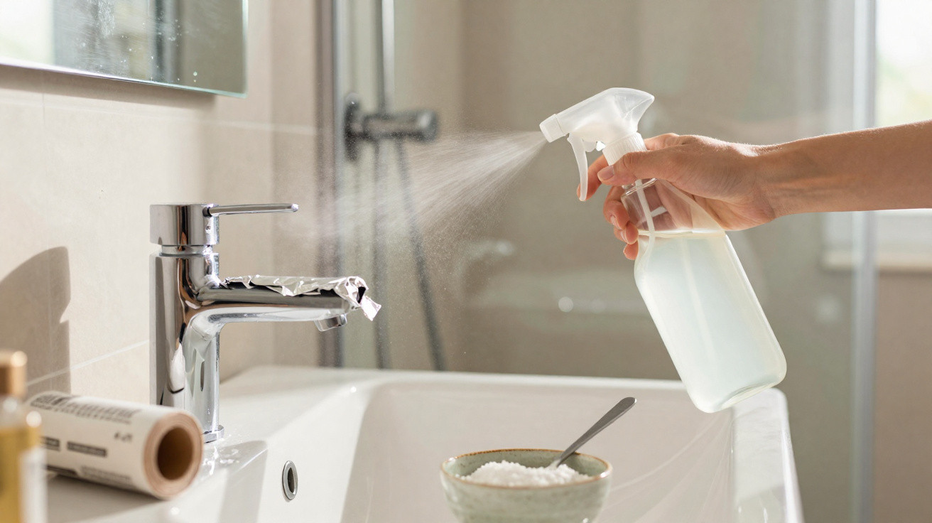 Hand spraying a cleaning solution onto a bathroom sink faucet covered with foil to protect it.