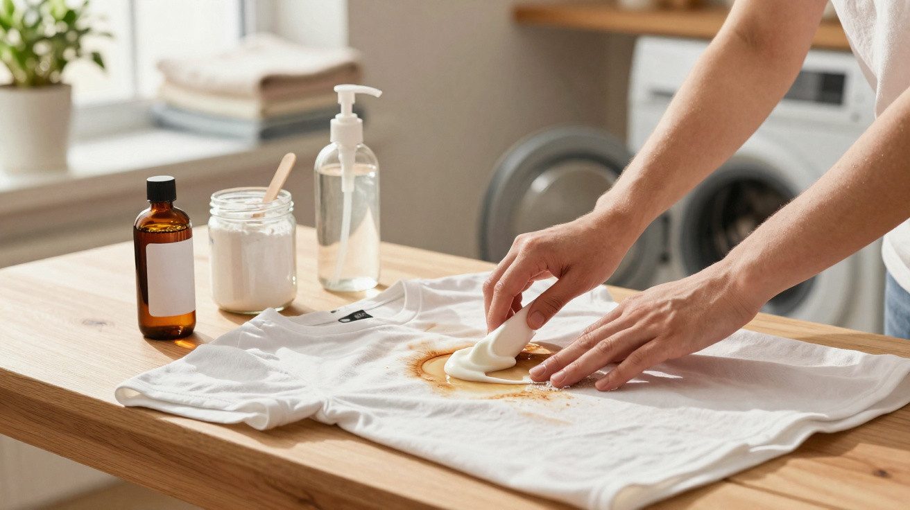 Person treating a stain on a white T-shirt using cleaning solution and natural stain removers on a wooden table.