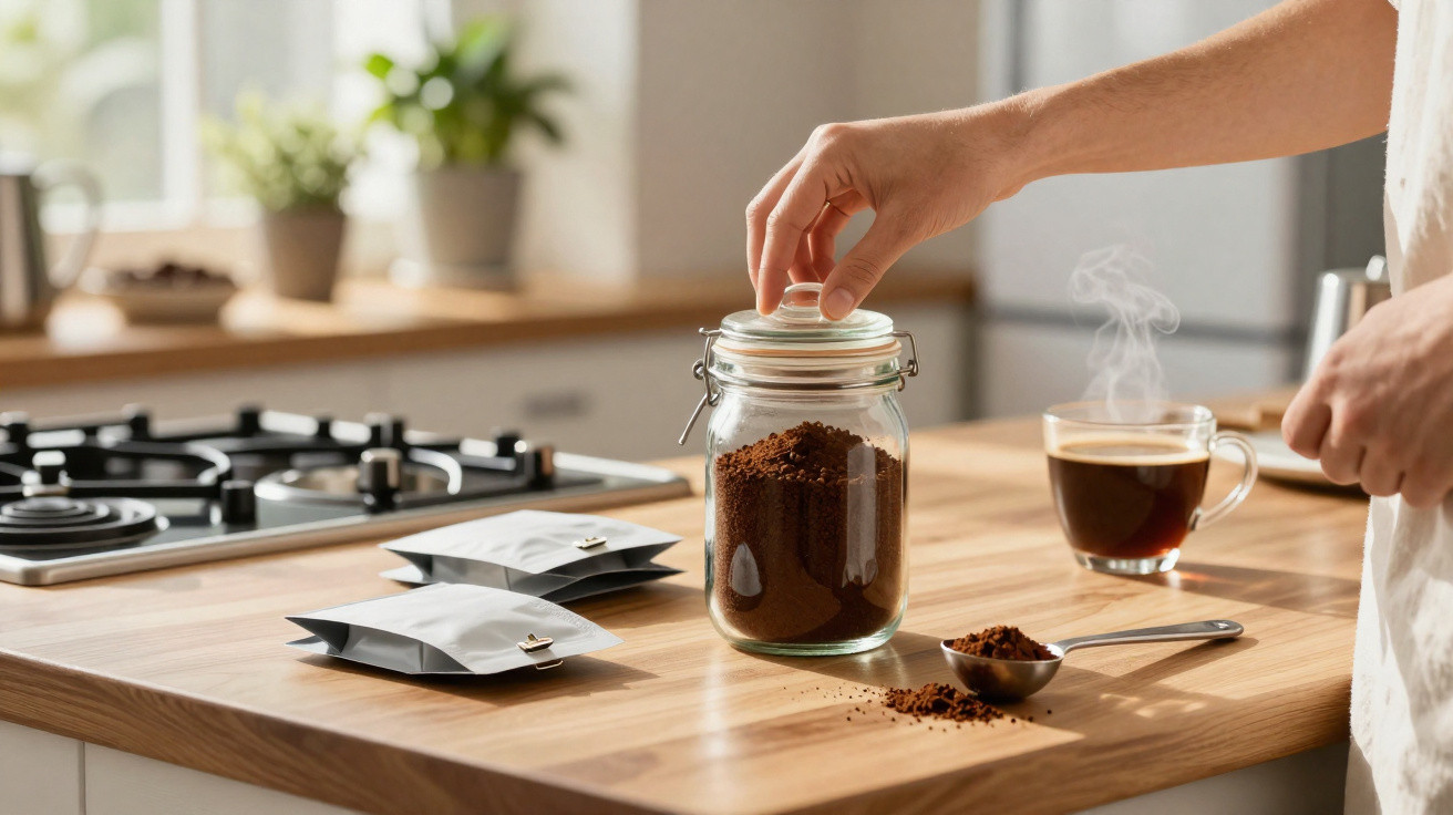 Hand opening glass jar of ground coffee on kitchen counter with steaming cup of coffee nearby.