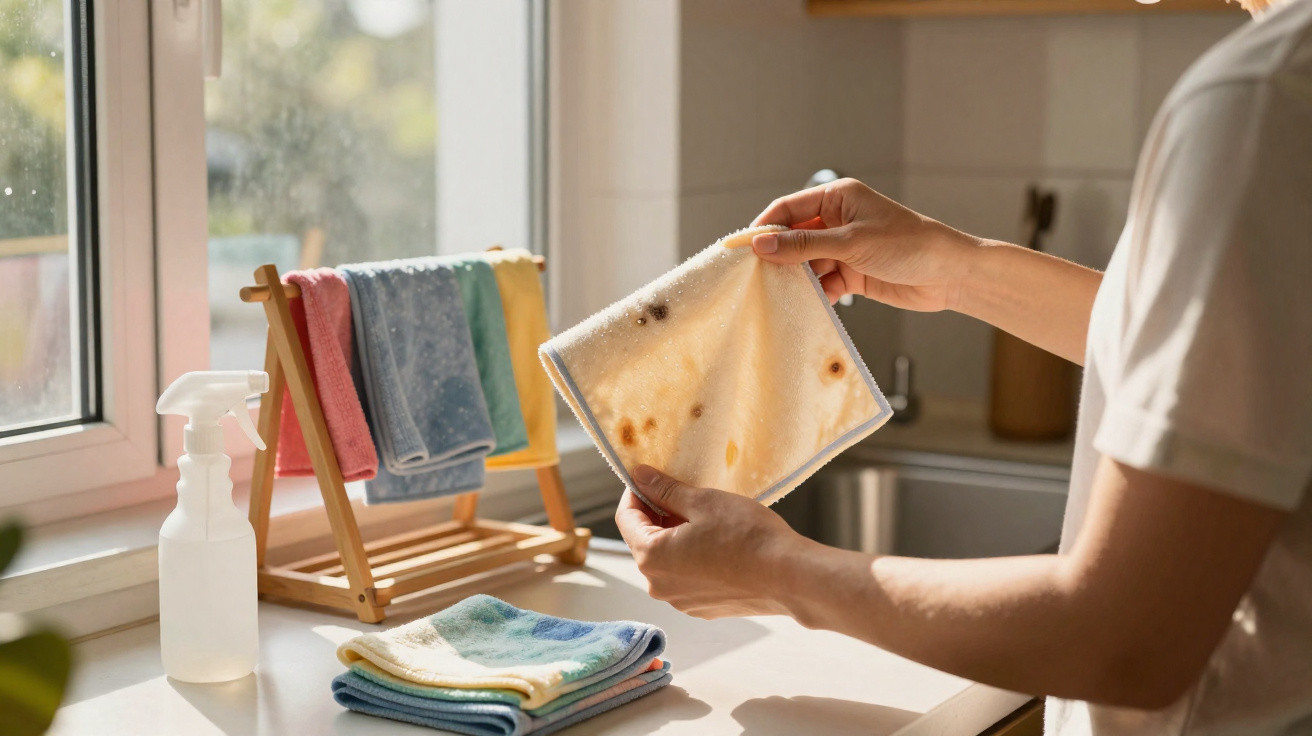 Person holding a stained cleaning cloth near a drying rack with colourful cloths by a bright kitchen window.