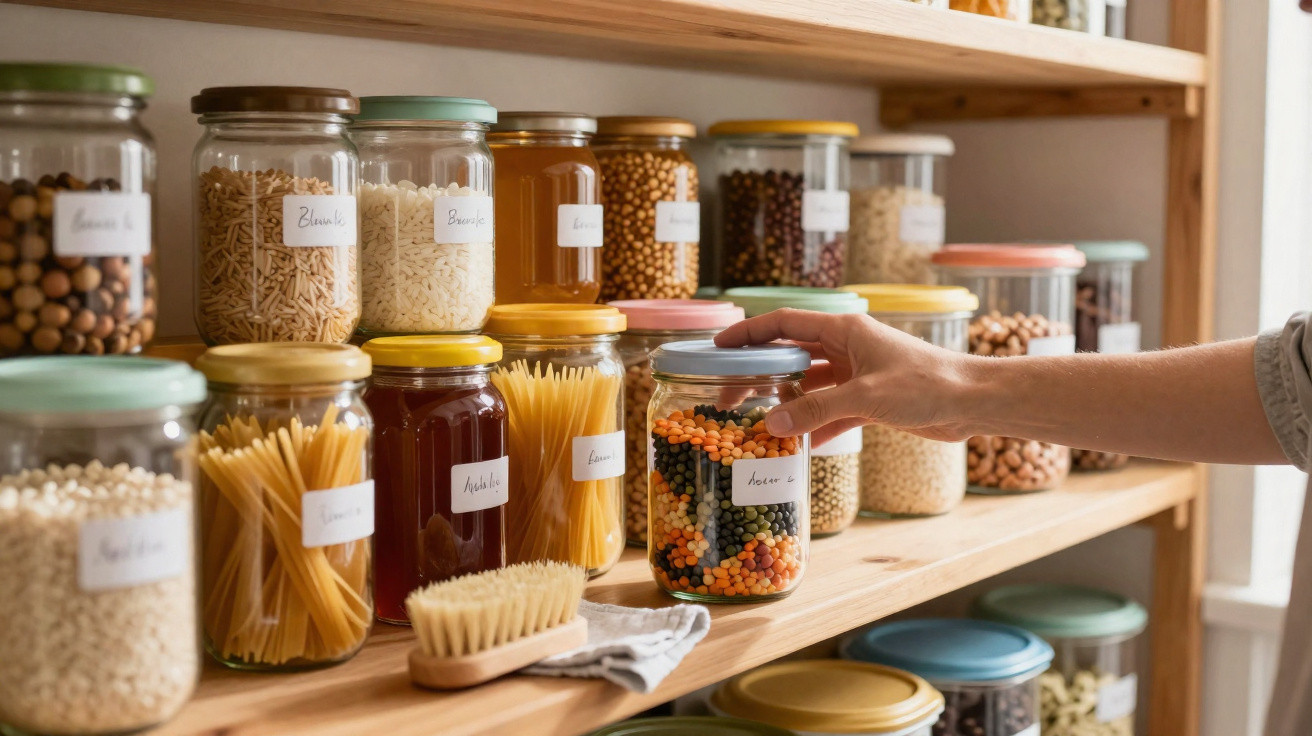 Hand reaching for a jar of mixed lentils on a wooden pantry shelf with various labelled food jars.