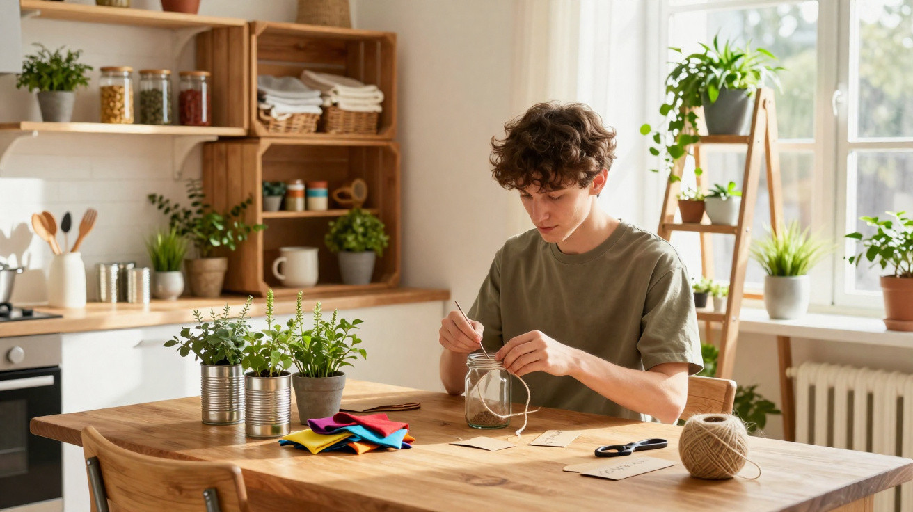 Young man crafting a decorated glass jar at a wooden table in a bright, plant-filled kitchen.