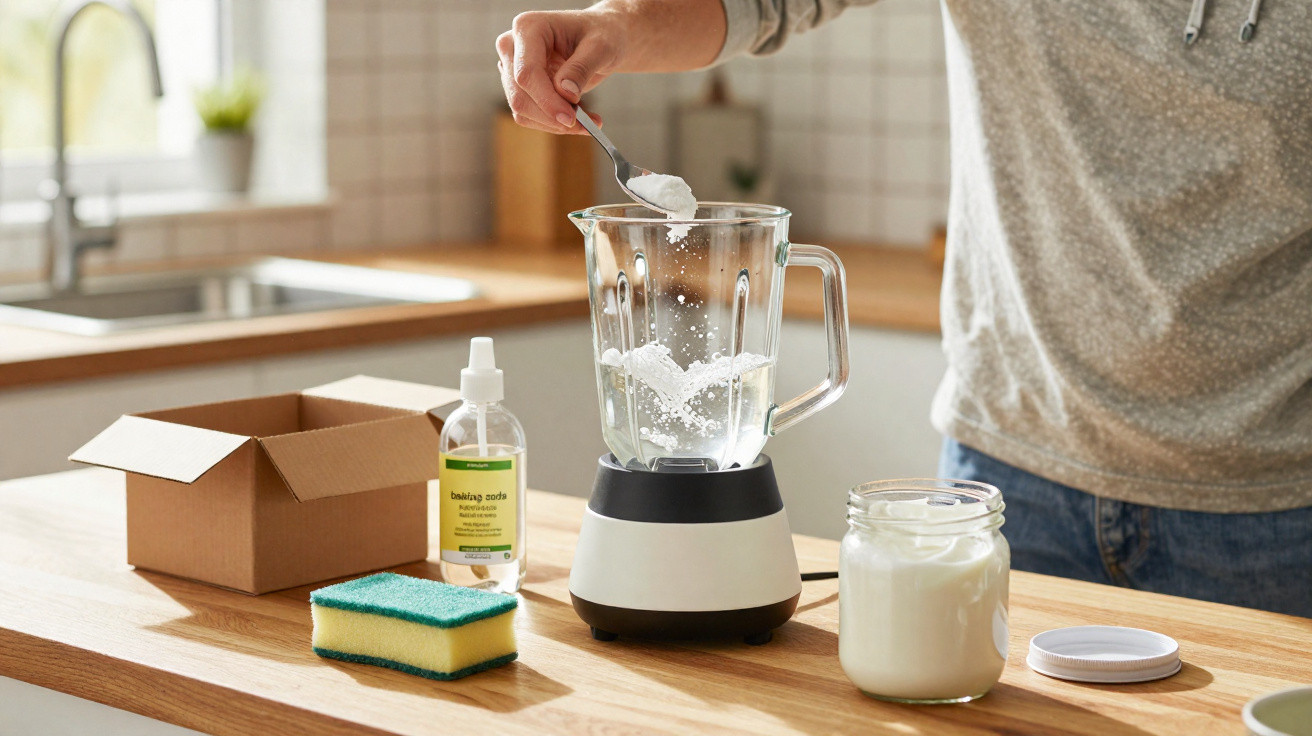 Person adding baking soda to a blender filled with water on a kitchen counter with cleaning items nearby.