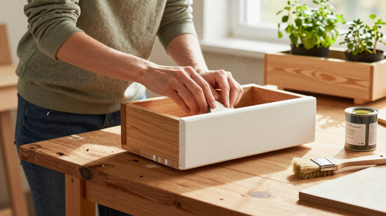 Person sanding edges of a wooden drawer on a workbench with paintbrush and plant in background.