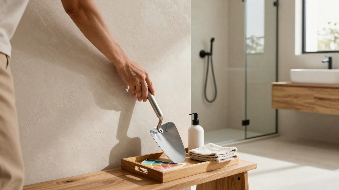 Person holding a small garden trowel next to a wooden tray with colour swatches, soap dispenser, and towels in a bathroom.
