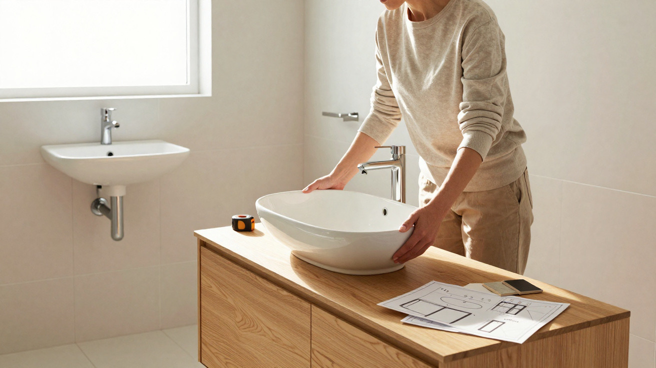 Person installing a white vessel sink on a wooden bathroom vanity with plans and tools nearby.