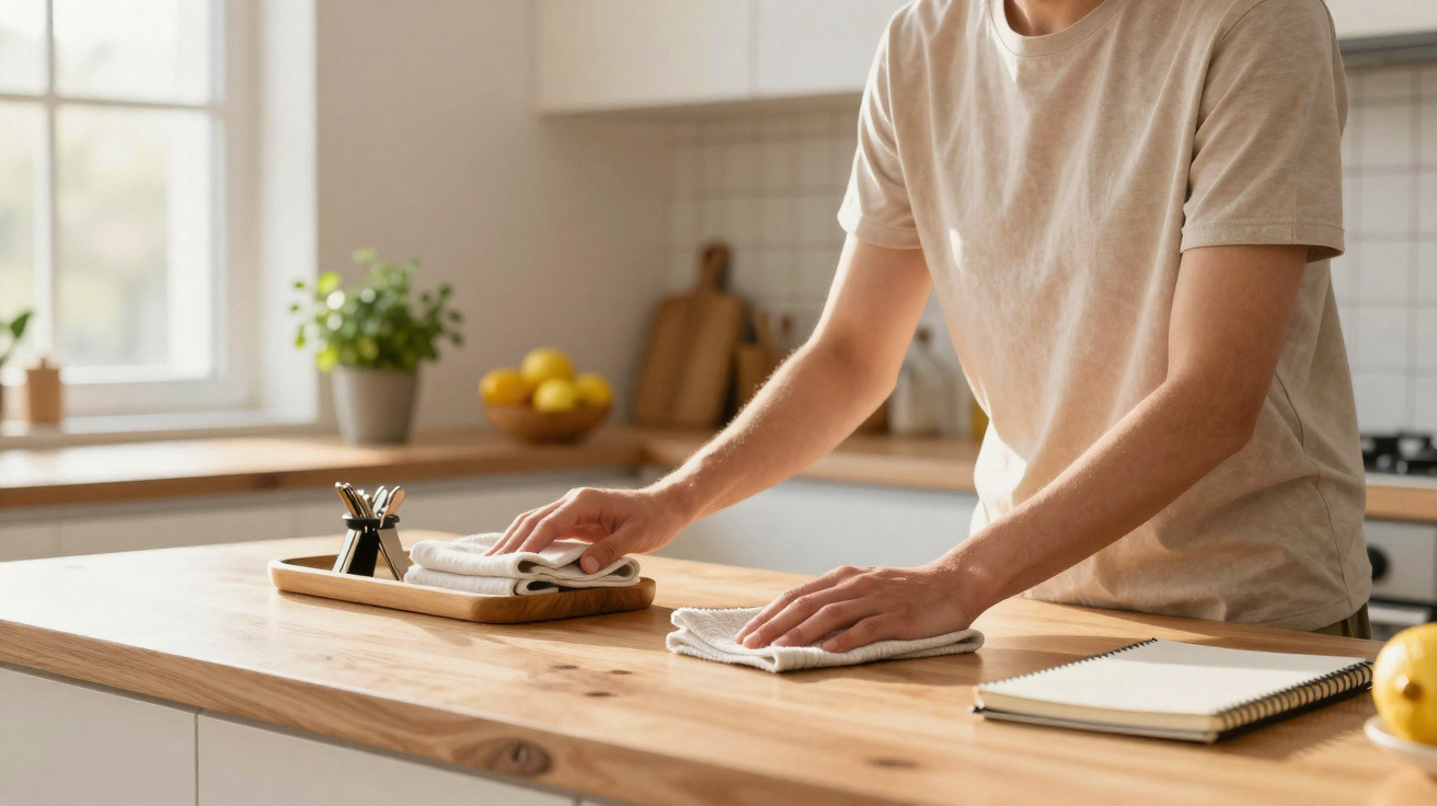 Person cleaning a wooden kitchen countertop with white cloths, with a notebook and lemon nearby.