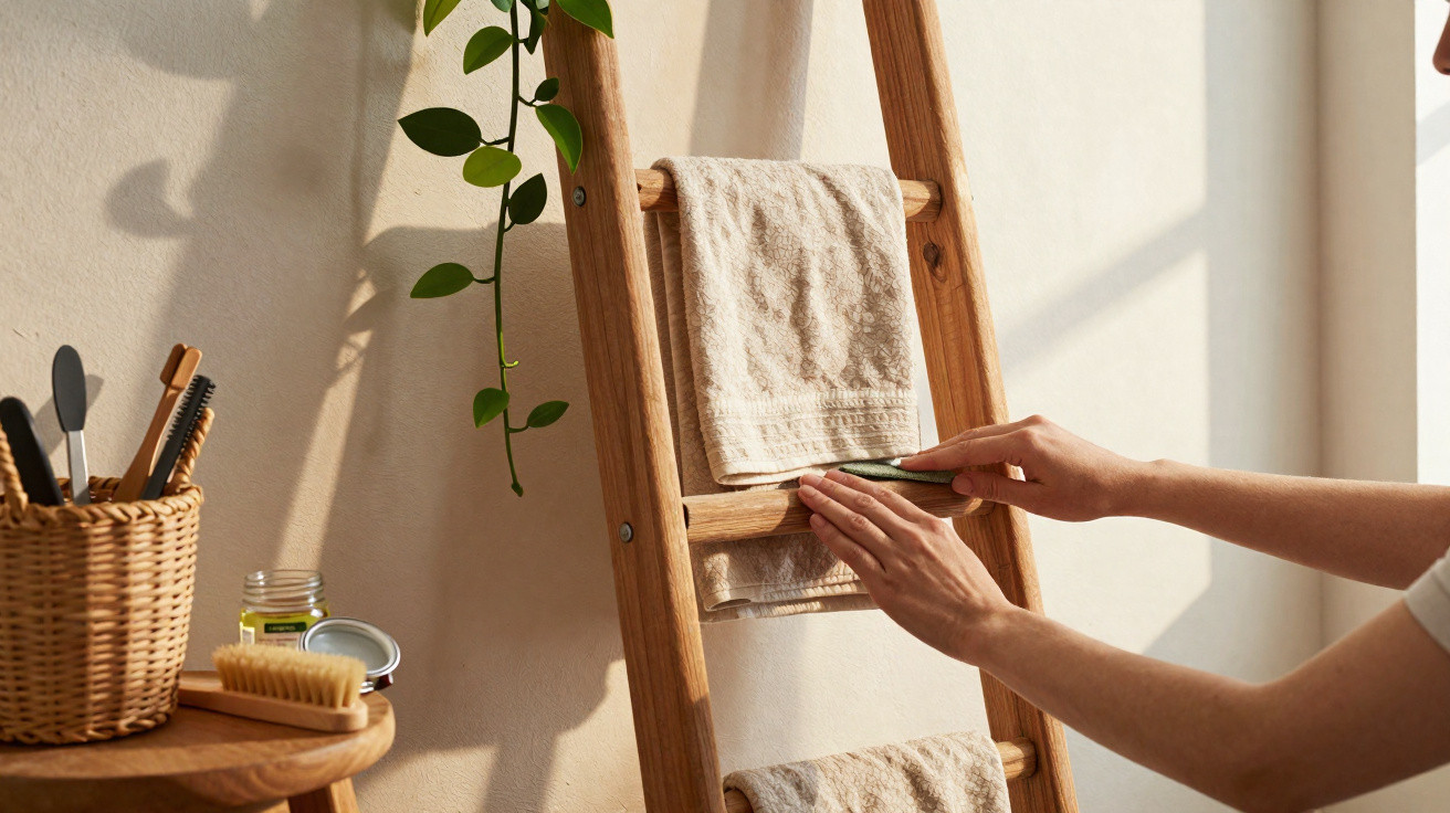 Person arranging beige towels on a wooden ladder rack in a softly lit room with a basket of grooming tools nearby.
