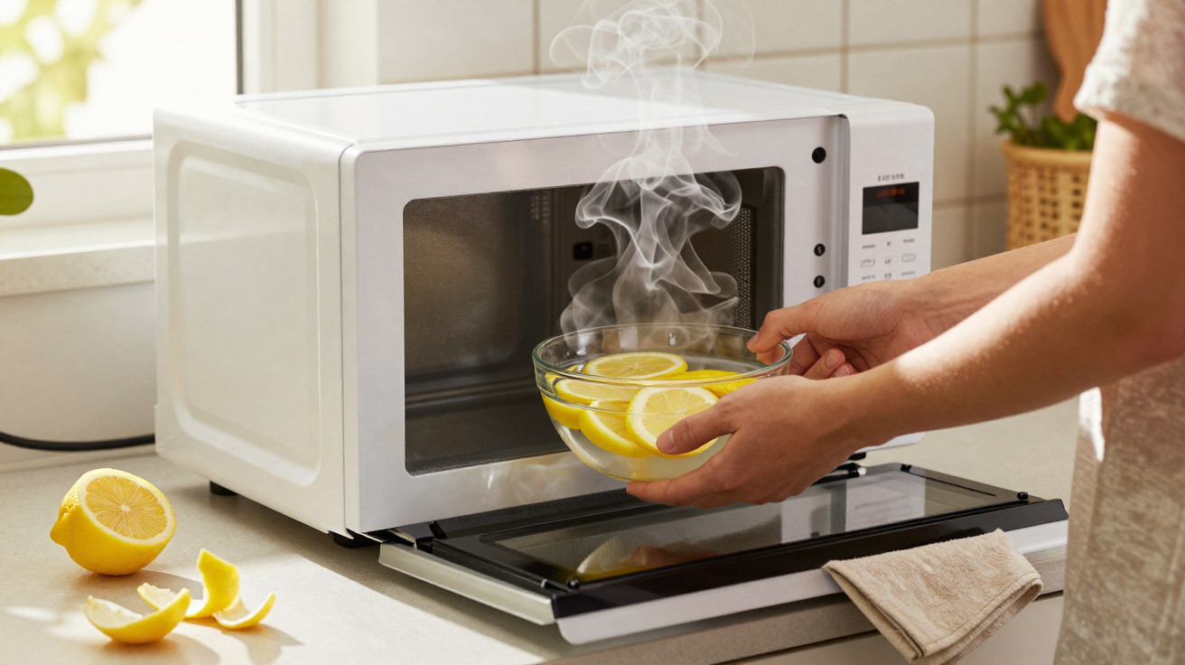 Person removing steaming bowl with lemon slices from open microwave in a kitchen.