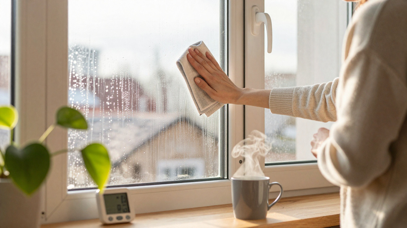 Person cleaning a fogged window with a cloth next to a steaming cup and a small plant on the sill.