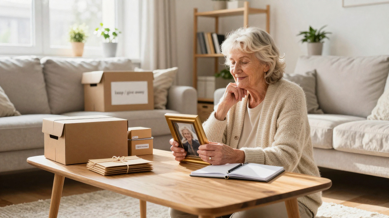 Elderly woman sitting at a table, holding a framed photo and surrounded by packed boxes in a cosy living room.