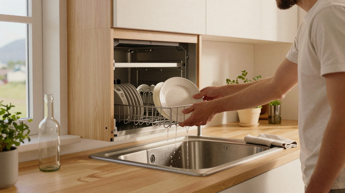 Person loading wet plates into a wooden dishwasher above a kitchen sink with water droplets falling.