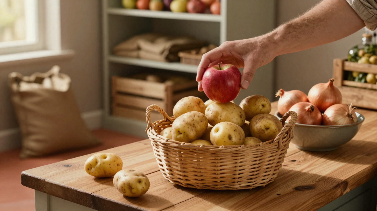 Hand holding a red apple over a basket of potatoes on a wooden kitchen table with onions in a bowl nearby.