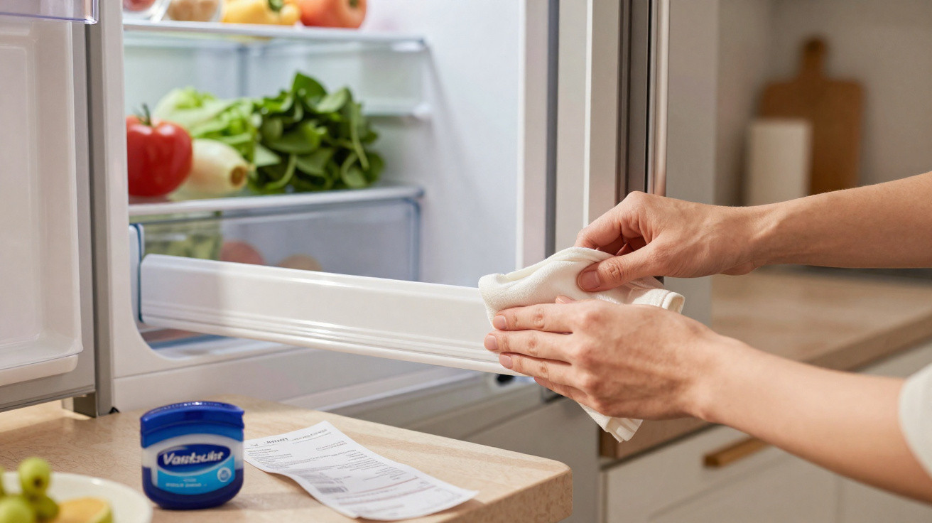 Person cleaning the inside edge of an open fridge door with a cloth in a bright kitchen.