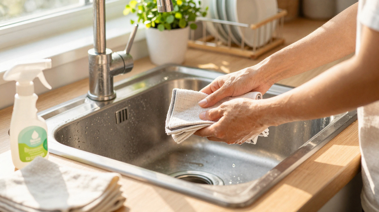 Person drying a clean kitchen cloth over a stainless steel sink with natural light from window.