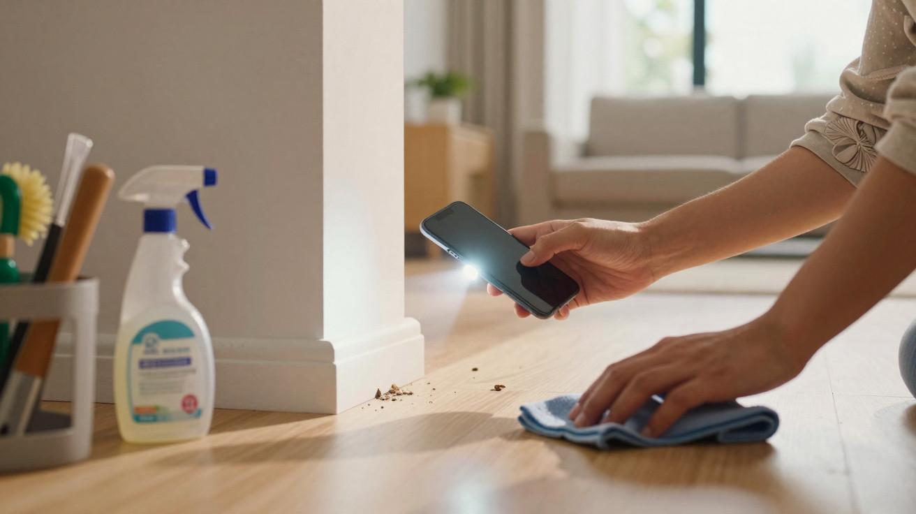 Person cleaning floor with cloth and smartphone flashlight shining on dirt near wall corner in living room.