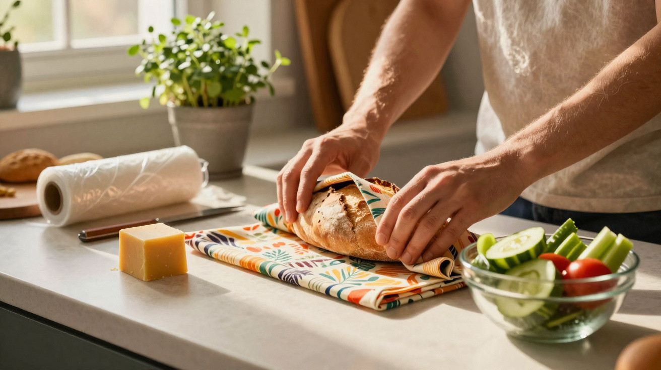 Person wrapping a loaf of bread in a patterned cloth on a kitchen counter with vegetables and cheese nearby.