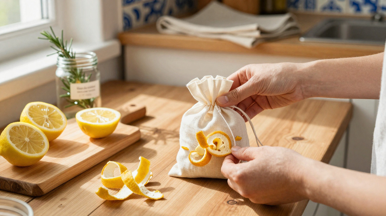 Hands tying a white cloth bag with lemon peels on a wooden kitchen countertop near halved lemons.