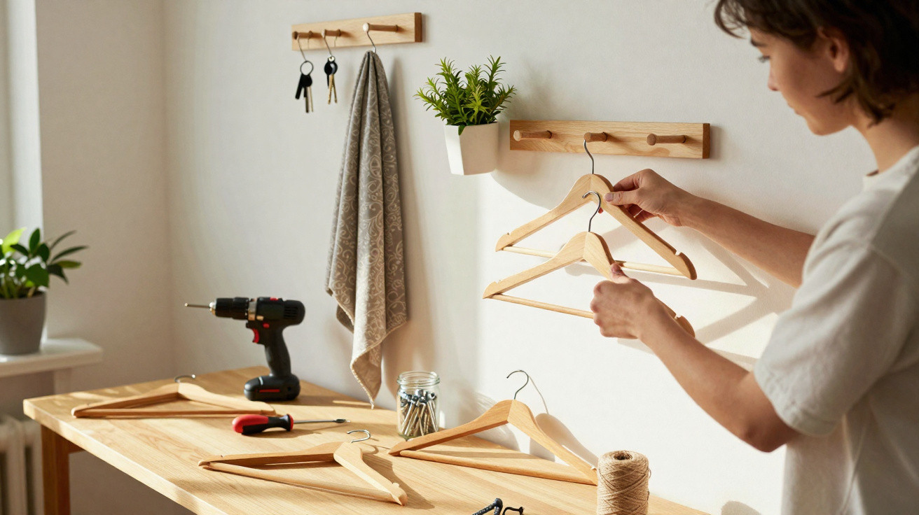 Person organising wooden hangers on wall-mounted hooks in a bright, minimalist room with plants and tools.