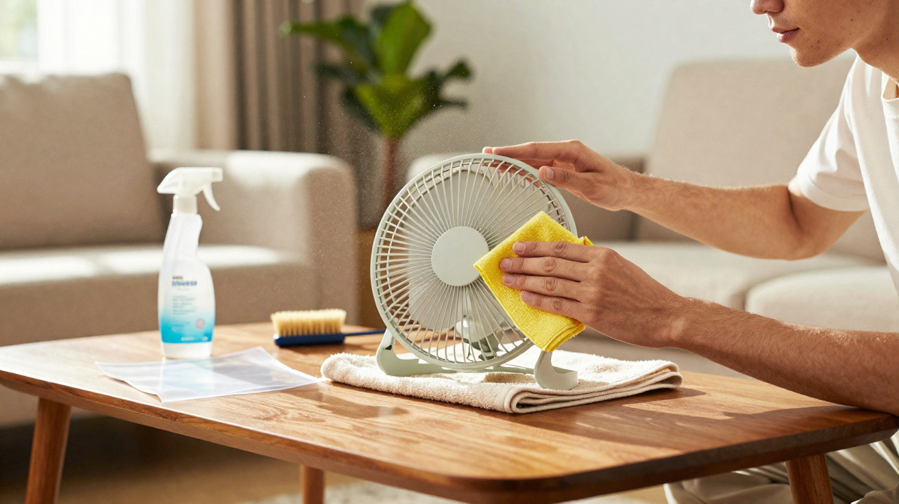 Person cleaning a small desk fan with a yellow cloth on a wooden table in a living room.