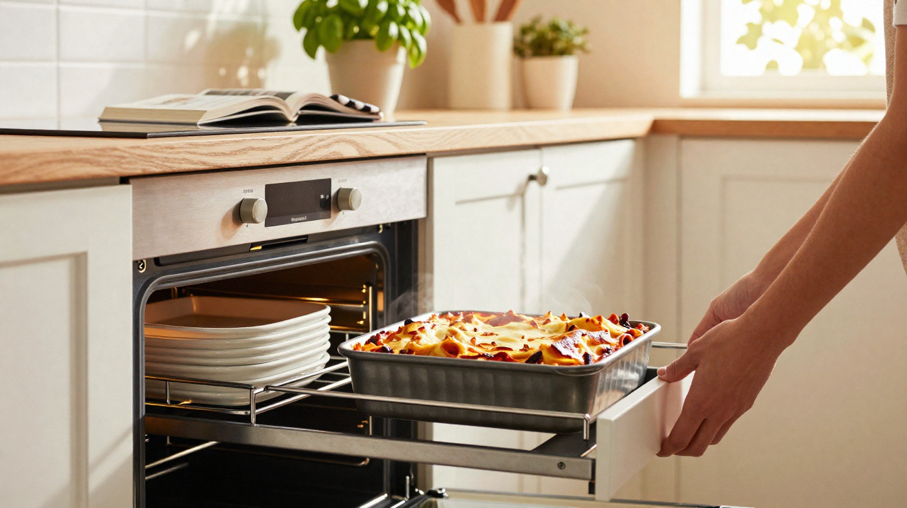 Person removing a baked lasagna dish from a modern kitchen oven with plates and plants on the countertop.
