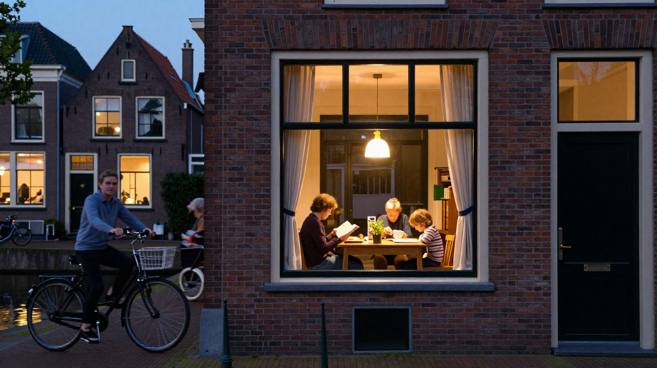Three people reading at a table inside a warmly lit brick house at dusk, seen through a large window.